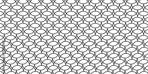 Fish scale wallpaper. Asian traditional ornament with repeated scallops. Repeated black curves on white background. Seamless surface pattern design with semicircles. Grid motif. Digital paper. Vector.