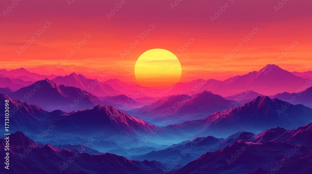 Obraz premium Vibrant Synthwave Sunset over Ethereal Layered Mountains: A Futuristic Digital Landscape