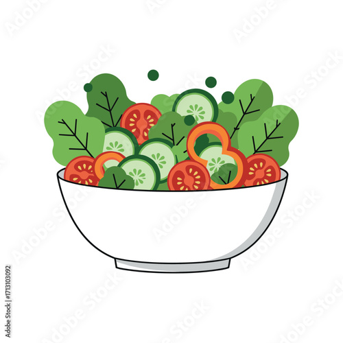 Fresh salad preparation kitchen food illustration vibrant colors top view health concept. Vector illustration