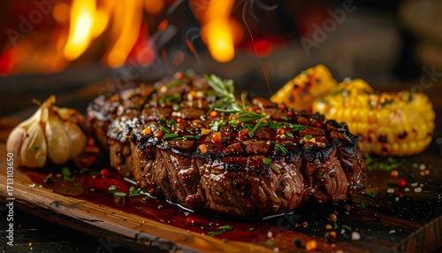 A delicious, grilled steak, glistening with juices, sits alongside roasted corn, highlighting a rustic, warm ambiance.