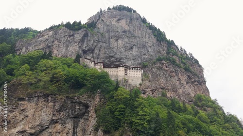 Aerial Drone View of Sumela Monastery in the Misty Mountains of Trabzon, Turkey