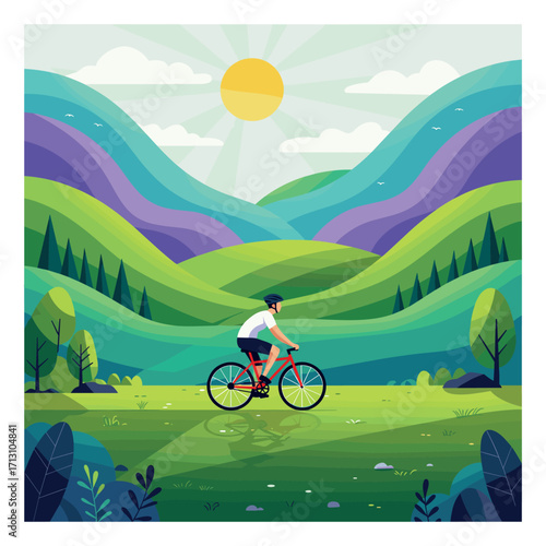 Cycling adventure through serene green mountains nature scene vibrant landscape summer day bird's eye view. Vector illustration