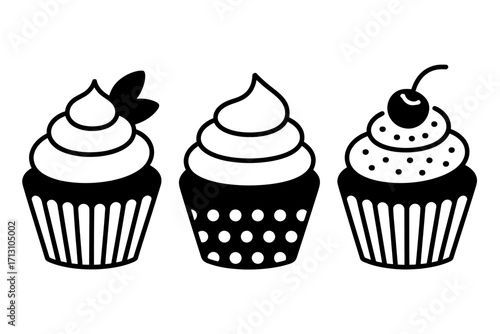 Three hand-drawn style cupcakes with swirled frosting and toppings for delicious baking art vector
