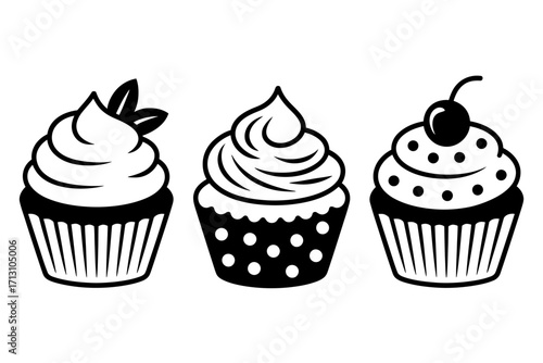 Hand-drawn cupcake trio delicious dessert treats sweet baking pastry bakery confectionery celebration party food vector