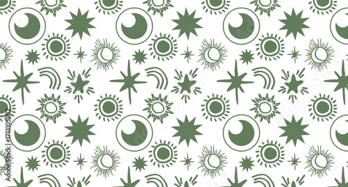 Vector art of minimalist celestial pattern with sun, moon, stars, and eyes in green on a