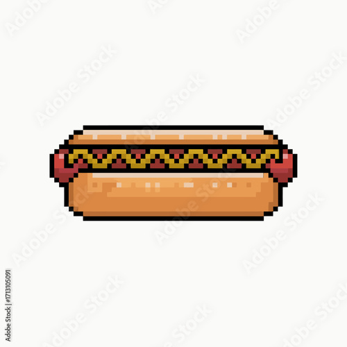 Pixel art hot dog delicious fast food snack with mustard condiment appetizing treat vector