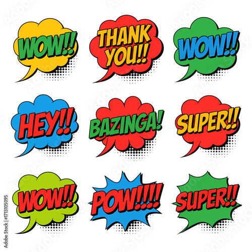Colorful comic book speech bubbles with exciting words like wow boom super hey thank you vector