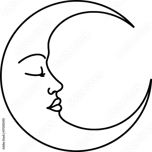 Crescent Moon with a serene face, representing tranquility and dreams, in a minimalist line art style