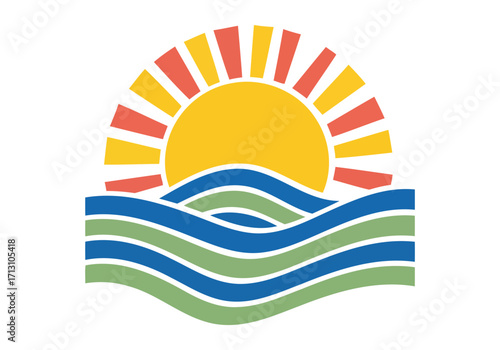Vibrant sunrise over stylized ocean waves and land