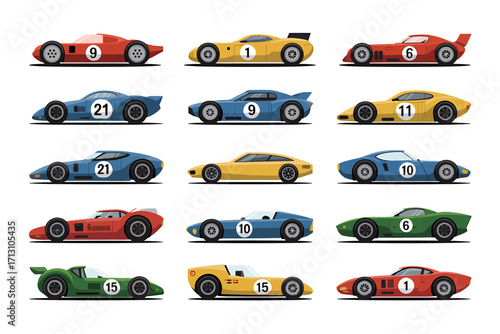 Collection of vintage racing cars displayed in a grid format vector