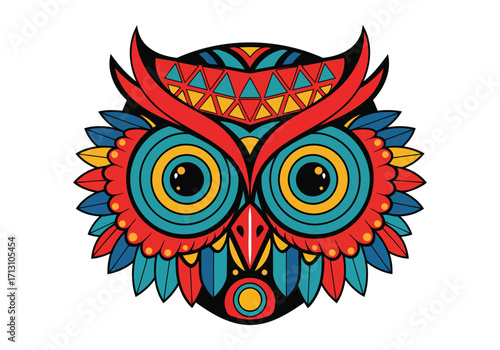 Vibrant ornamental owl face with intricate geometric patterns