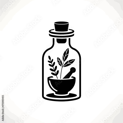 Herbal elixir bottle symbol featuring mortar pestle and leaves for natural wellness and apothecary vector