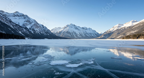 Wallpaper Mural A serene landscape of majestic, snow-capped mountains reflecting in a pristine, icy lake under a clear, azure sky, evoking a sense of peace and tranquility.  Torontodigital.ca