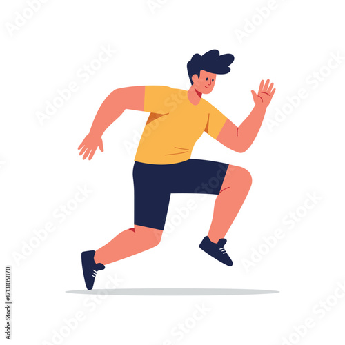 Running youth in yellow t-shirt urban setting digital illustration dynamic perspective active lifestyle concept. Vector illustration
