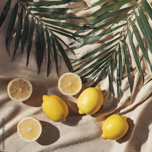 Lemons on a drape with a palm leaf