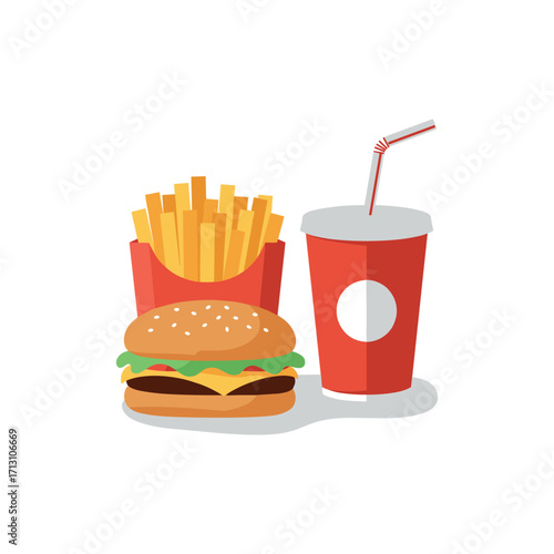Savoring delicious burger and fries meal fast food restaurant digital illustration bright colors eye-level view culinary delight. Vector illustration