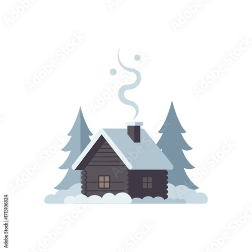 Cozy winter cabin in snowy forest digital illustration winter landscape tranquil viewpoint. Vector illustration