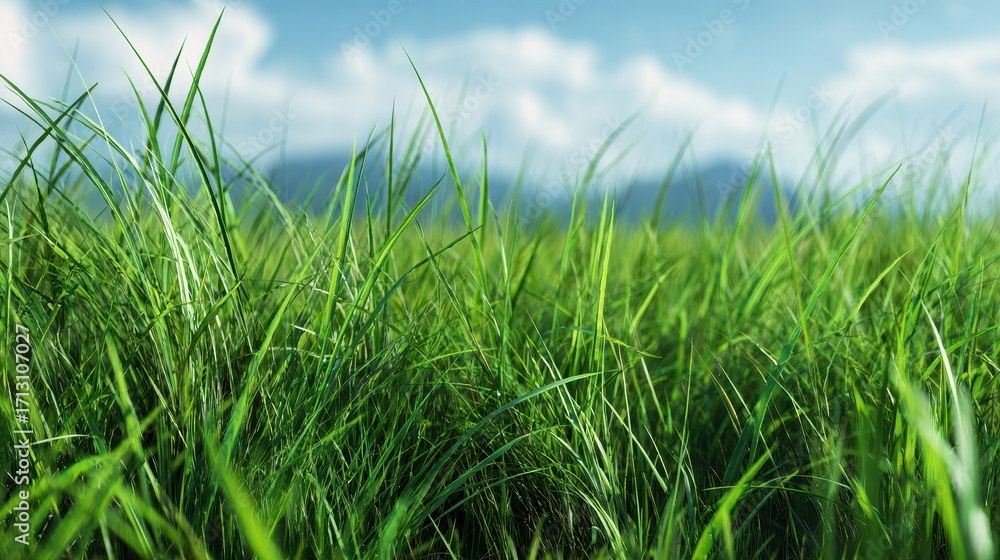 Obraz premium Vibrant Green Grass Blades Reach for Sunny Sky, Soft Bokeh Field Horizon.