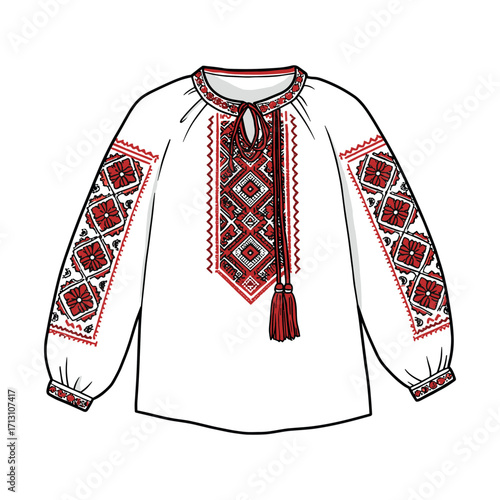 Traditional ukrainian embroidered blouse cultural event clothing design studio heritage craftsmanship. Vector illustration