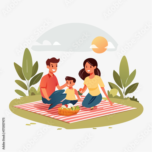 Wholesome vector illustration of a happy family enjoying a summer picnic in the park, a beautiful concept of parental love and leisure