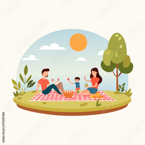Family Picnic in Nature A Cartoon Illustration of Joyful Outdoor Leisure
