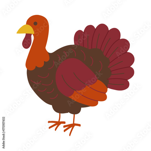 A turkey with a red beak and orange feathers.