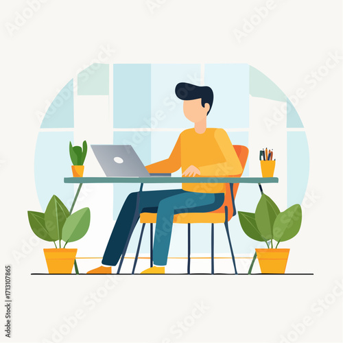 Man working diligently on a laptop at a desk surrounded by plants and office supplies, illustrating remote work and a productive home office environment