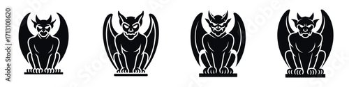 Scary Gargoyle Halloween Vector Set – Gothic Demon Statue Silhouettes with Wings for Horror Illustrations, Haunted House Decor, Posters, Stickers, Party Invitations, and Creepy Seasonal Designs
