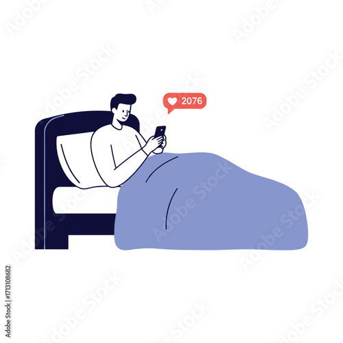 Late night social media engagement bedroom illustration cozy environment perspective on digital interaction. Vector illustration