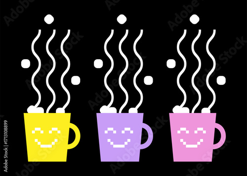 Minimalist three cups with pixel smiling  faces. Funny colored cup of hot chocolate with steam, marshmallows on black bg. Hot winter drink design. Abstract vector illustration for Christmas market