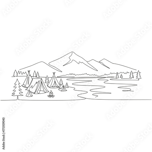 Camping scene with tents by river and mountains in minimalist style  