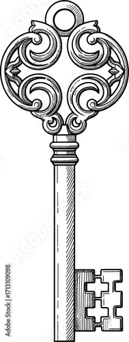 Antique ornate key with intricate scrollwork handle and detailed bit, vintage design, engraved illustration