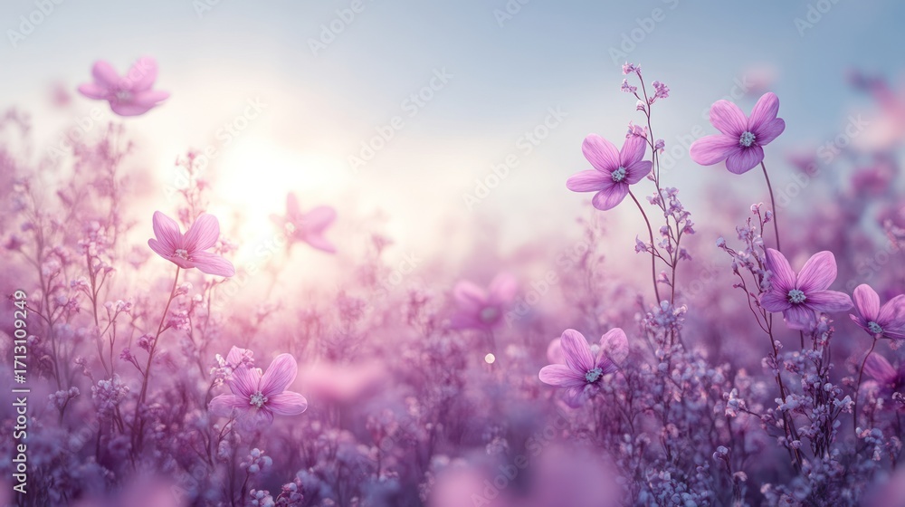 Obraz premium Ethereal Pink and Purple Flower Field with Soft Focus and Dreamy Bokeh, Bathed in Gentle Sunlight for a Serene Summer or Spring Landscape