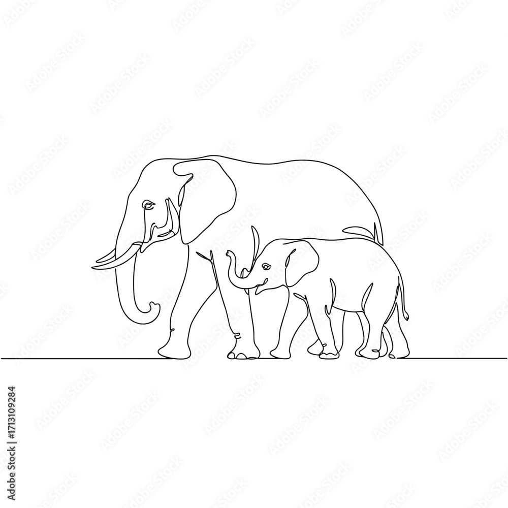 Obraz premium Mother and baby elephant walking in continuous line drawing 