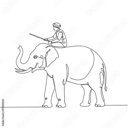 Man riding elephant in line art style on white background  