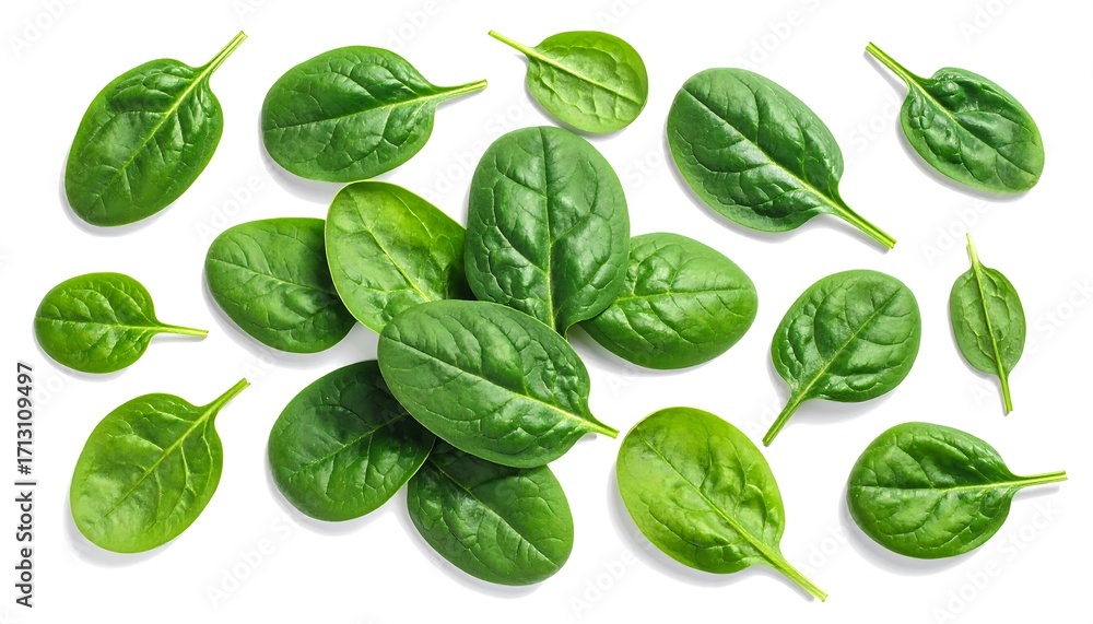 Fototapeta premium Fresh spinach leaves arranged in a vibrant display against a stark white background.
