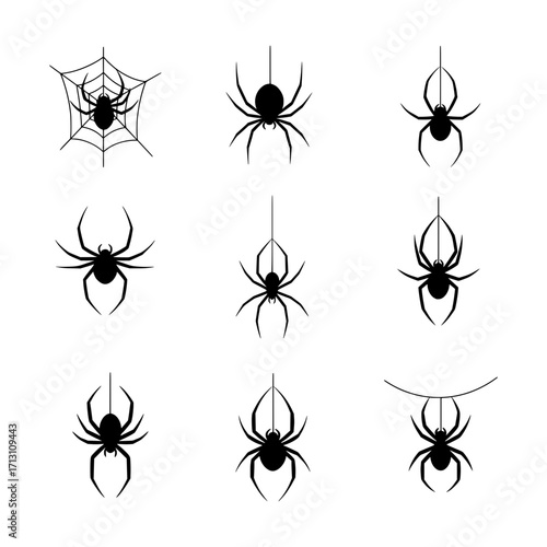  Collection of Nine Black Spider Silhouettes in Various Poses, Hanging and on a Web, Perfect for Halloween and Creepy Designs