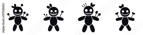 Creepy Voodoo Doll Halloween Vector Set – Spooky Doll Silhouettes with Pins for Witchcraft, Horror Illustrations, Haunted House Decor, Posters, Stickers, Party Invitations, and Gothic Seasonal Designs