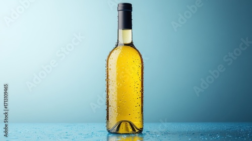 Chilled Bottle of White Wine with Condensation on a Wet Blue Surface and Gradient Background
