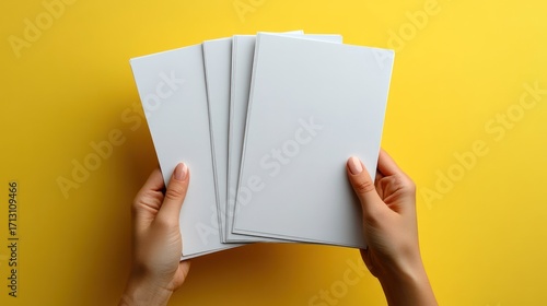 Top view of hands holding a stack of blank white paper sheets on a vibrant yellow background, perfect for a customizable mockup template for branding, marketing, or presentation.