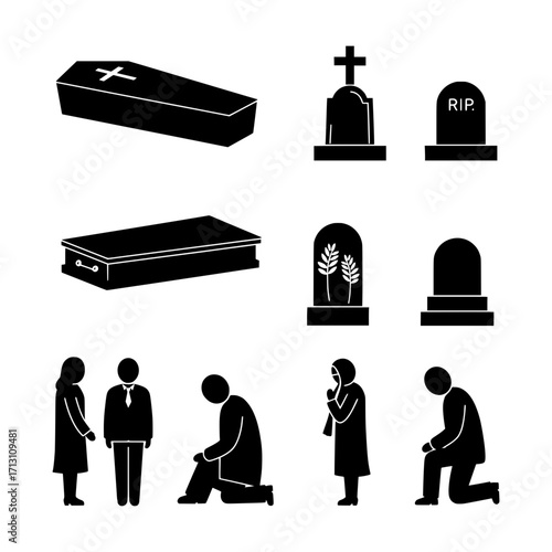 Collection of Funeral Icons and Silhouettes Depicting Coffins, Gravestones, and Mourning Figures in a Minimalist Style