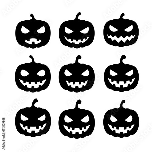Black Silhouette Jack-o'-Lantern Icons with Various Spooky and Mischievous Facial Expressions for Halloween
