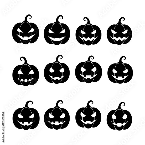Black Silhouette Jack-o'-Lantern Icons with Various Spooky and Mischievous Facial Expressions for Halloween