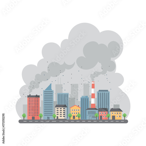 Urban pollution impact on cityscape bustling metropolis digital illustration overcast environment aerial view environmental awareness. Vector illustration