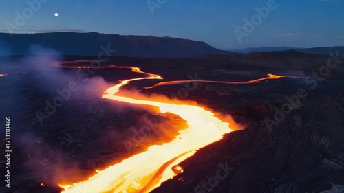 Drone flying over glowing lava river at night