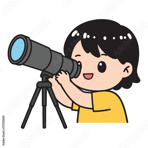 Cute cartoon child looking through a telescope, exploring the stars and universe with wonder