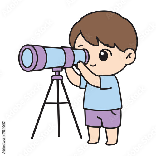 Curious Child Explores the Night Sky with a Telescope, Discovering the Wonders of the Universe