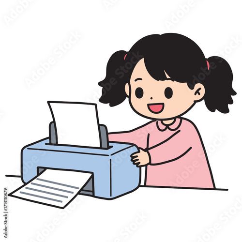 Adorable young girl operating a printing machine with a smile, showcasing a blend of technology and childhood fun
