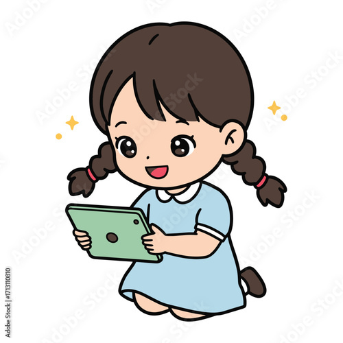 Joyful child with pigtails enthusiastically using a digital tablet device, captivated by engaging content on screen