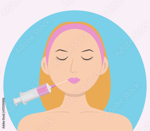 Woman at a cosmetic procedure, beauty injection in the lips, syringe, beauty injections, lip augmentation, syringe with injection filler